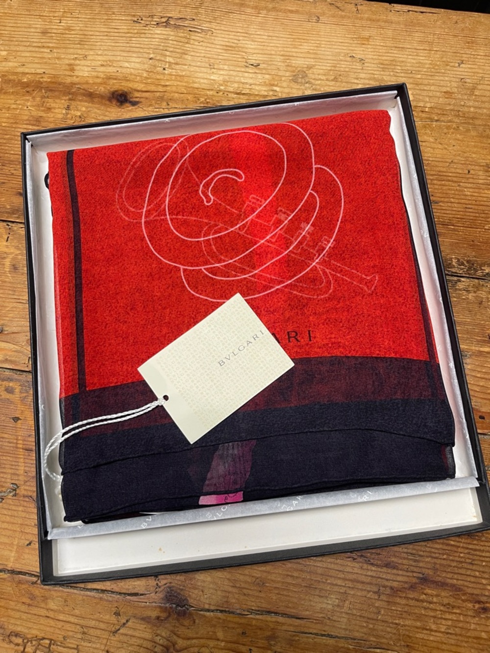 Bulgari Red and Black Floral Silk Scarf